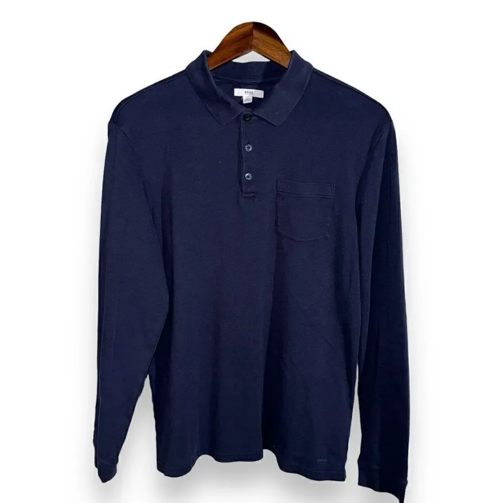 Navy Brax Philip L/S Jersey Polo Shirt Size M